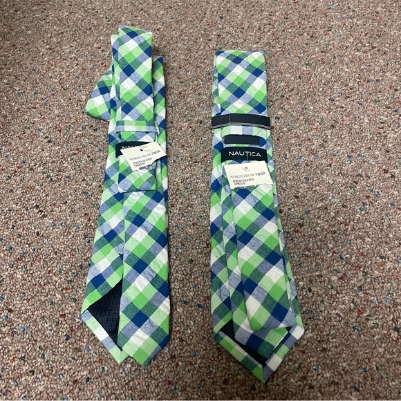 Lot Of 2 Nautica Men’s Neck Ties Plaid Green Skinny Cotton Spring Easter New - Picture 1 of 5